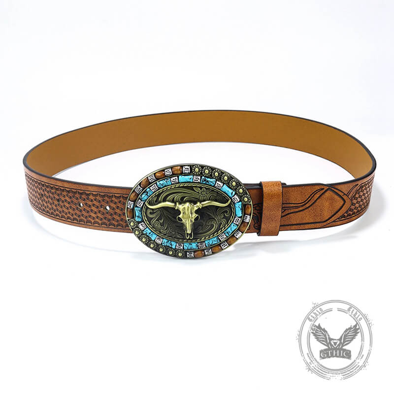 Bull Head Western Cowboy Pu Leather Belt