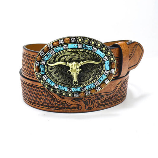 Bull Head Western Cowboy Pu Leather Belt