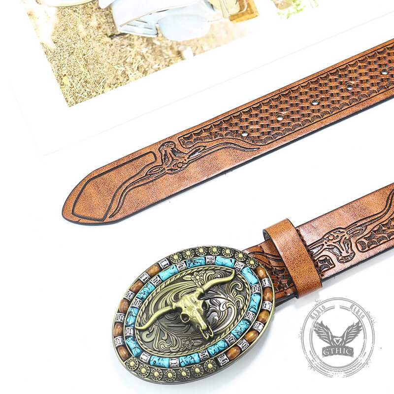 Bull Head Western Cowboy Pu Leather Belt
