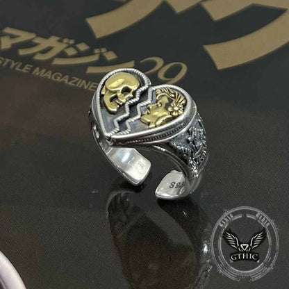 Cracked Heart Skull Sterling Silver Open Ring