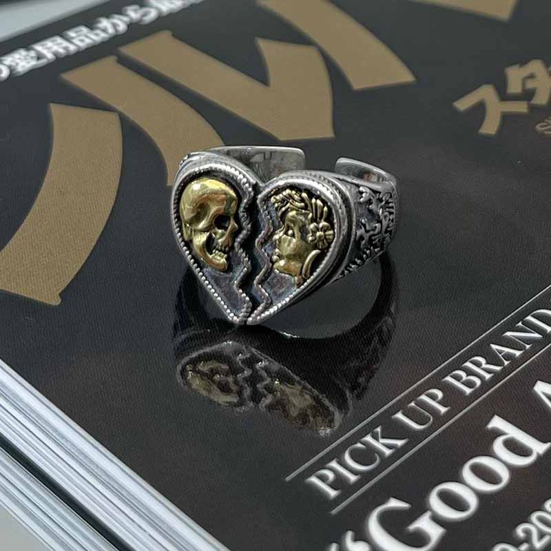 Cracked Heart Skull Sterling Silver Open Ring