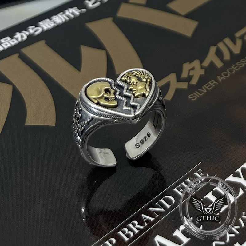 Cracked Heart Skull Sterling Silver Open Ring