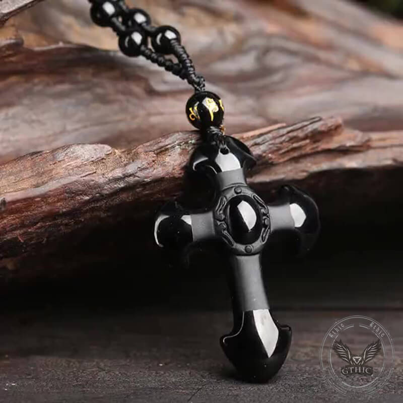 Cross Obsidian Frosted Pendant