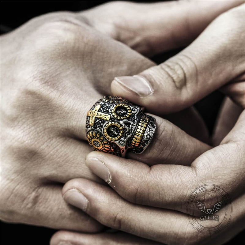 Cross Stainless Steel Sugar Skull Ring