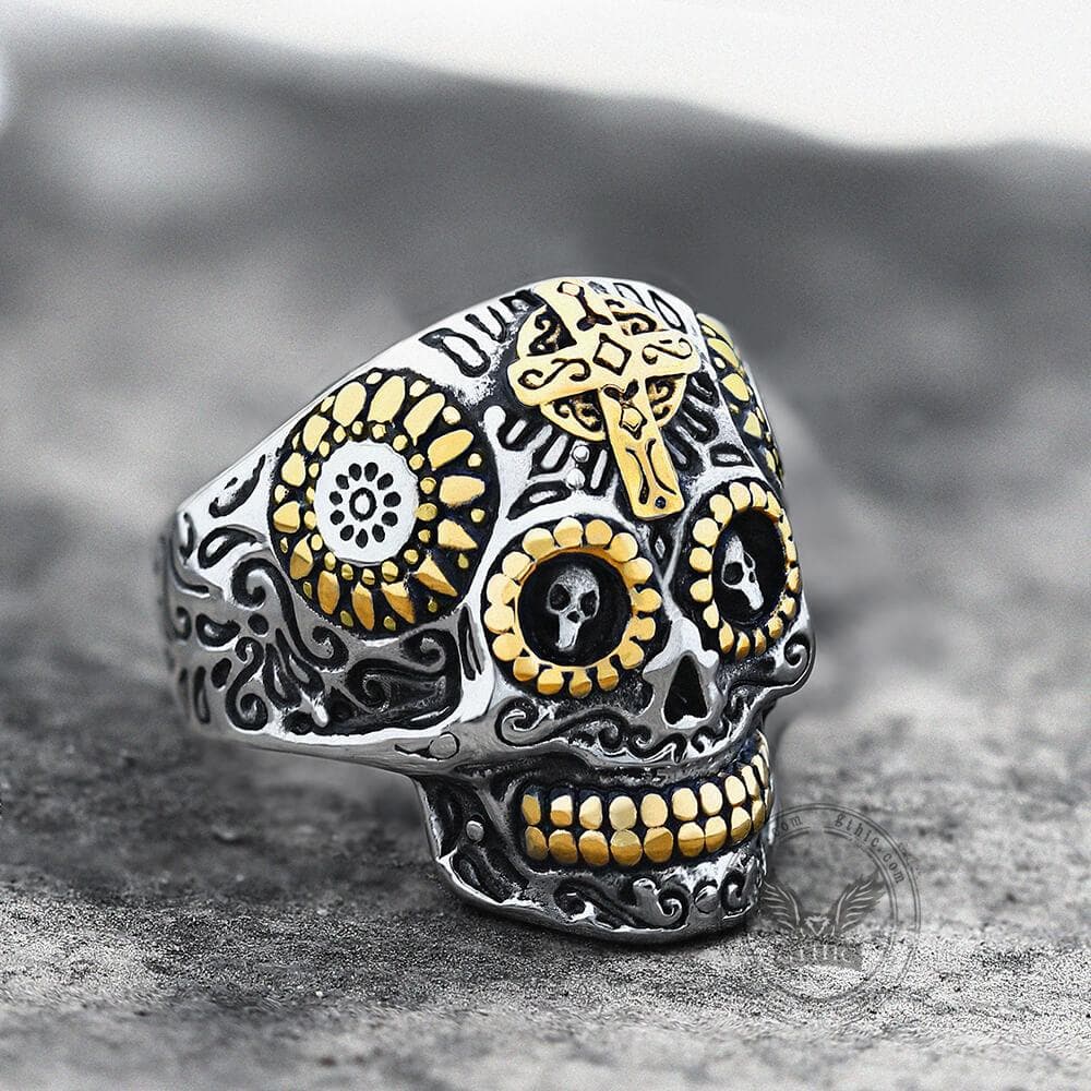 Cross Stainless Steel Sugar Skull Ring