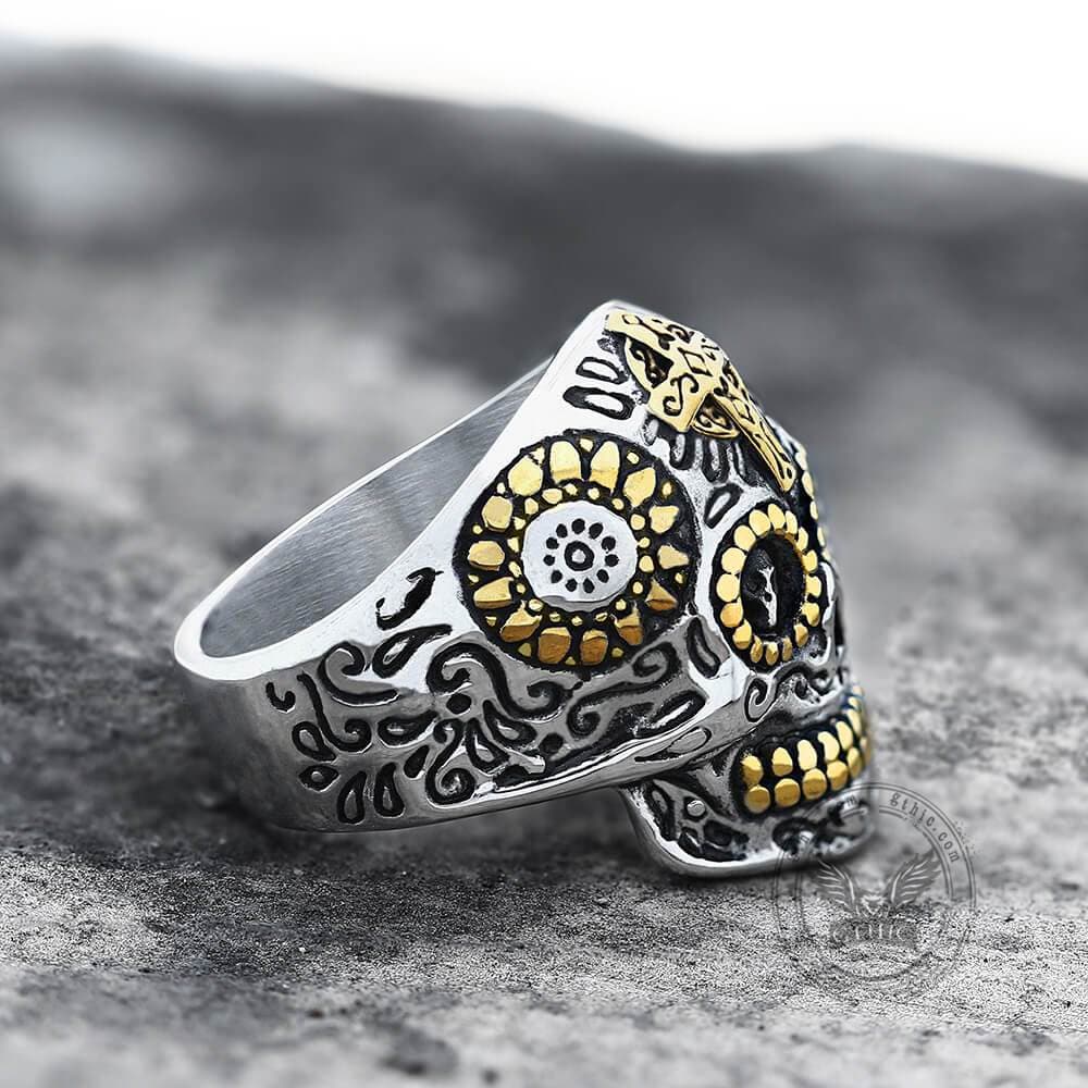 Cross Stainless Steel Sugar Skull Ring
