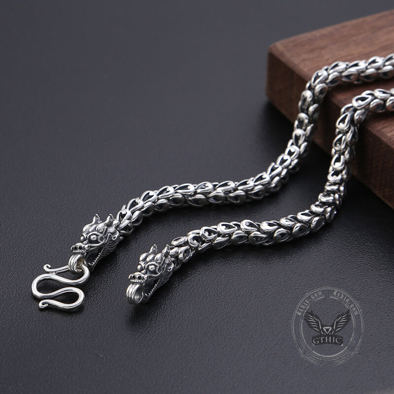 Double Dragon Head Keel Sterling Silver Necklace