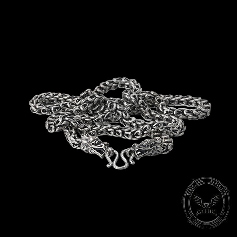 Double Dragon Head Keel Sterling Silver Necklace