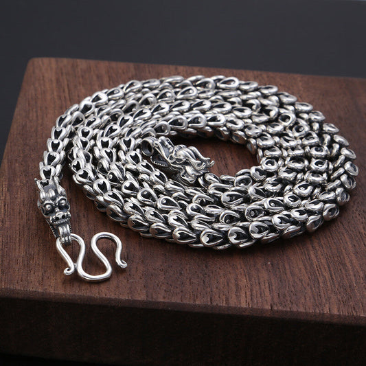 Double Dragon Head Keel Sterling Silver Necklace