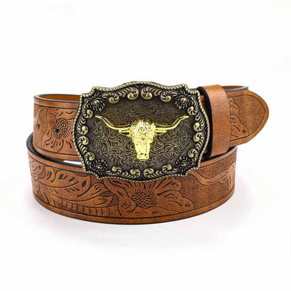 Embossed Bull Western Cowboy Pu Leather Belt