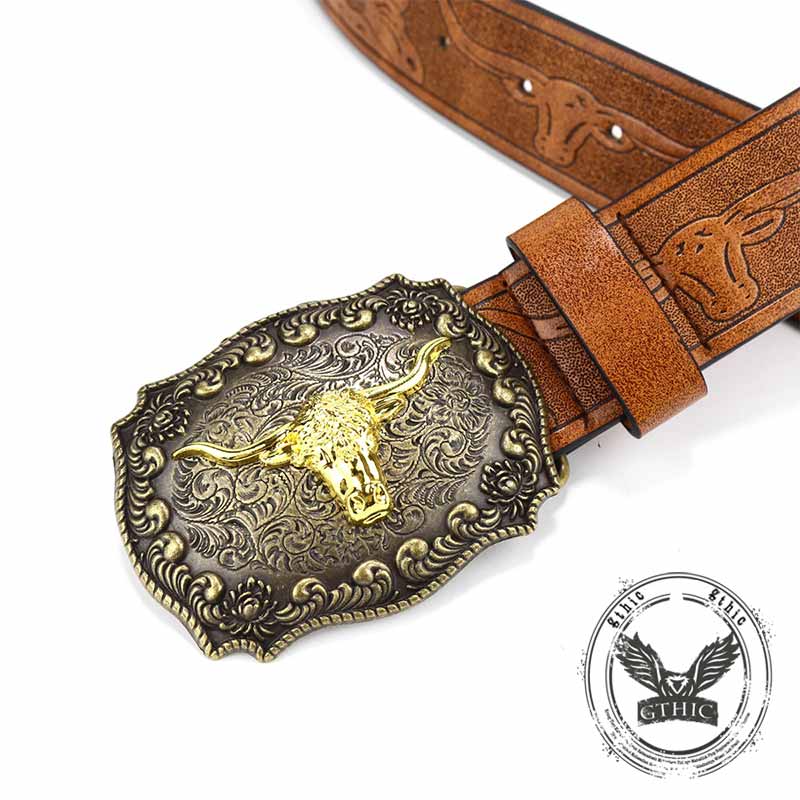 Embossed Bull Western Cowboy Pu Leather Belt