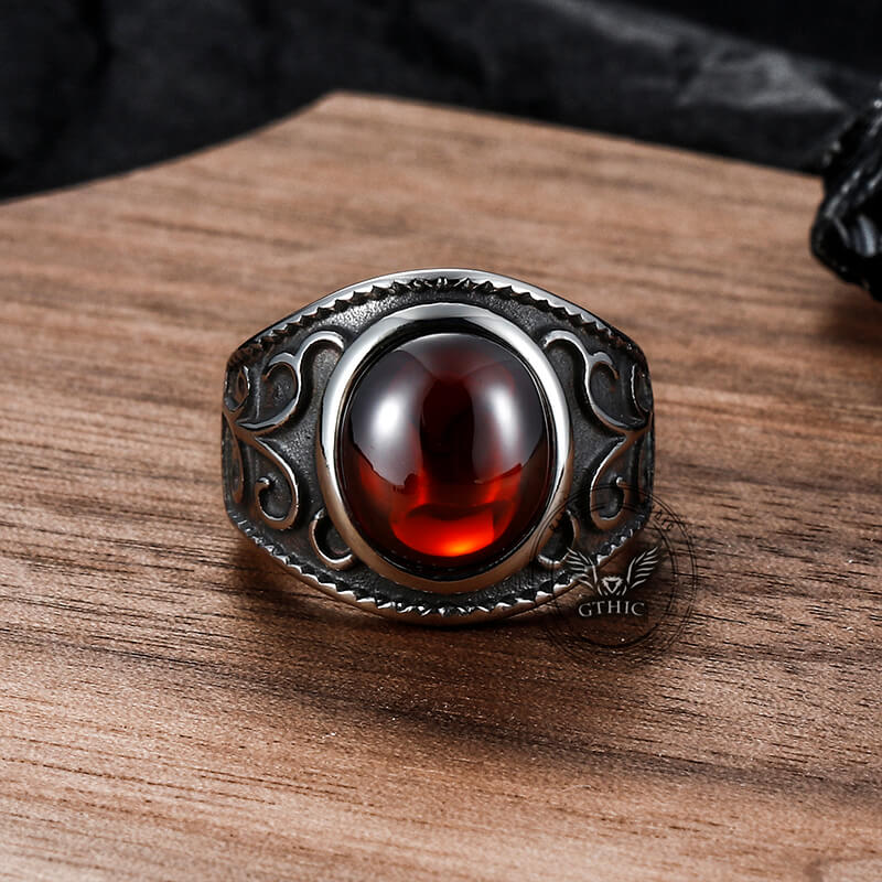Engraved Flowers Ruby Stainless Steel Ring