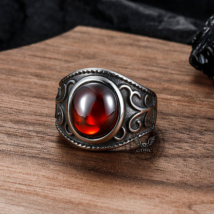 Engraved Flowers Ruby Stainless Steel Ring