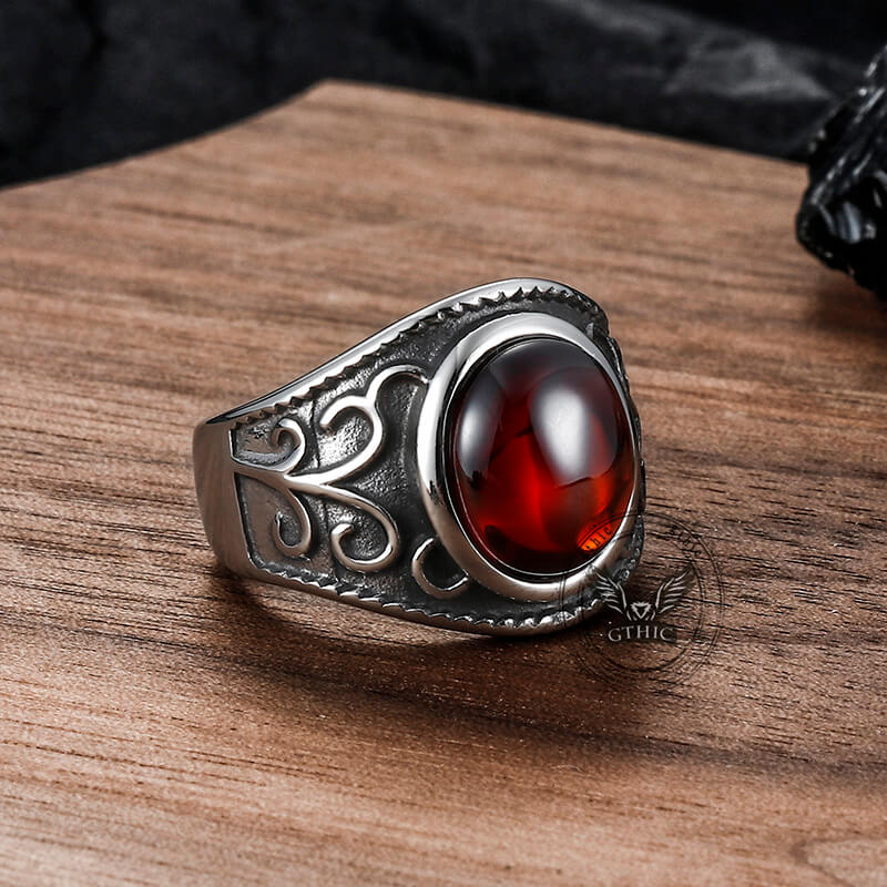Engraved Flowers Ruby Stainless Steel Ring