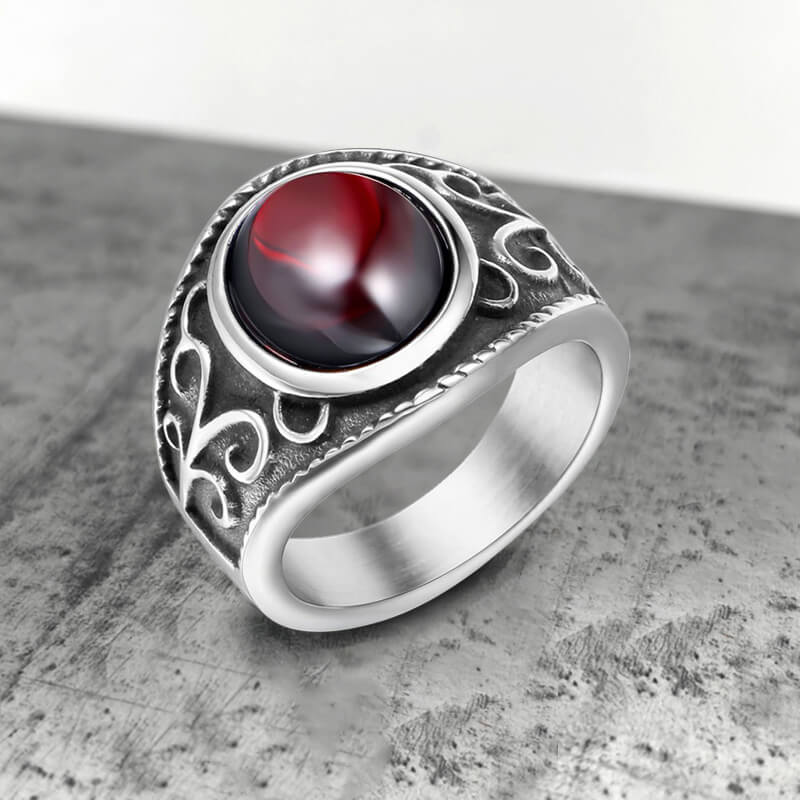Engraved Flowers Ruby Stainless Steel Ring