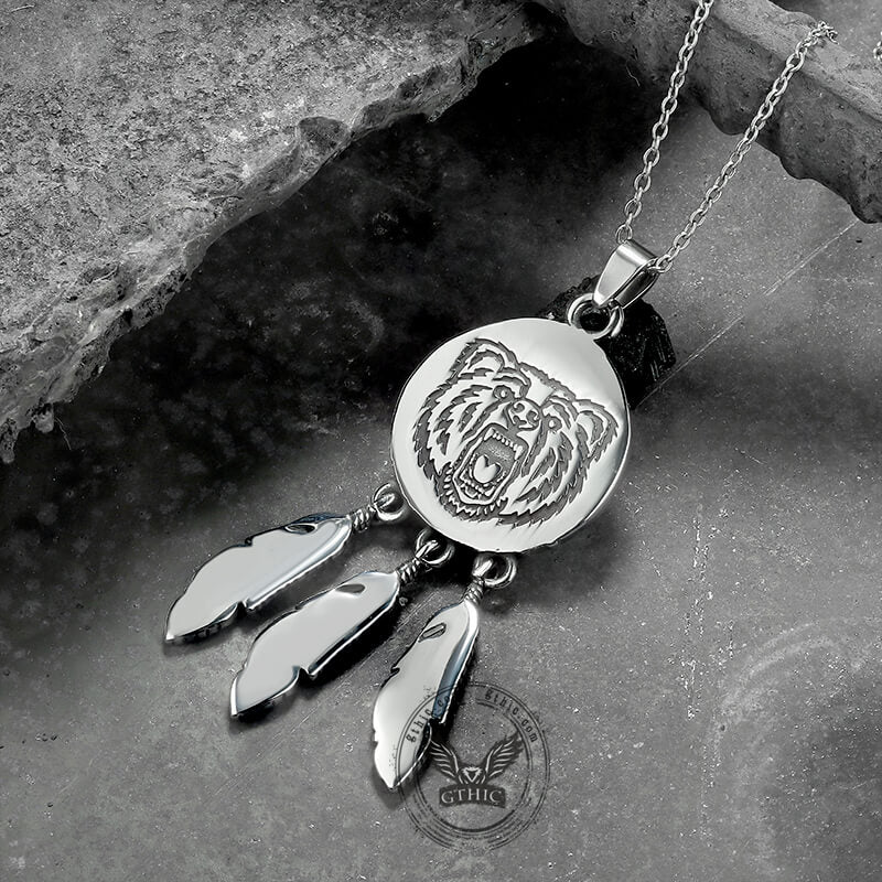Feather Bear Head Stainless Steel Animal Pendant
