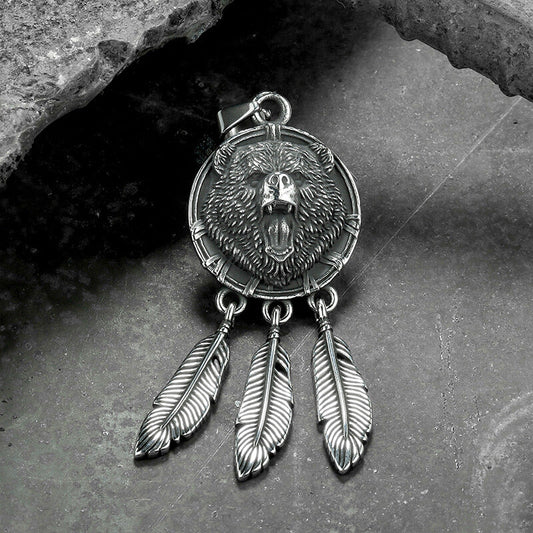Feather Bear Head Stainless Steel Animal Pendant
