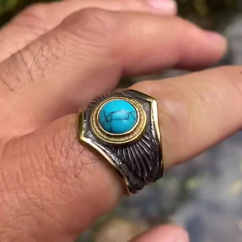 Feather Inlaid Turquoise Stainless Steel Ring