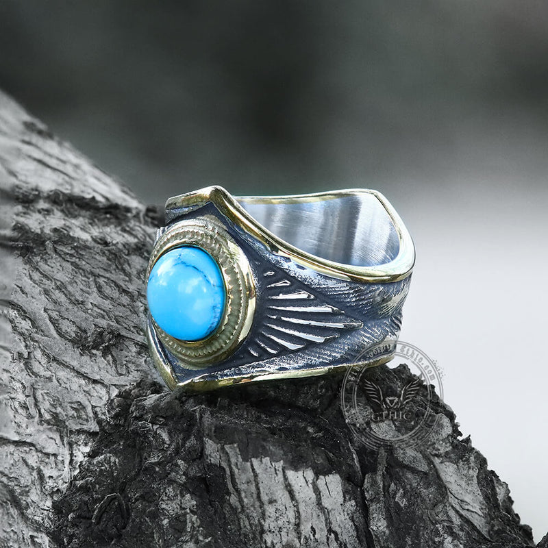 Feather Inlaid Turquoise Stainless Steel Ring