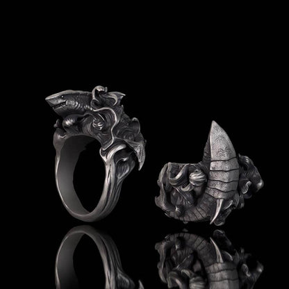 Fierce Shark Ocean Wave Sterling Silver Ring