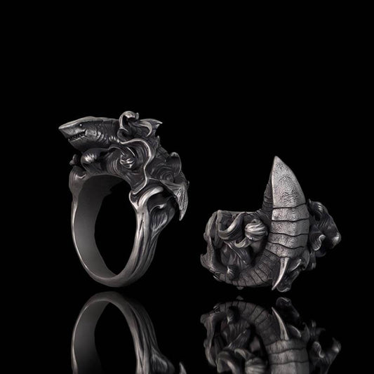 Fierce Shark Ocean Wave Sterling Silver Ring