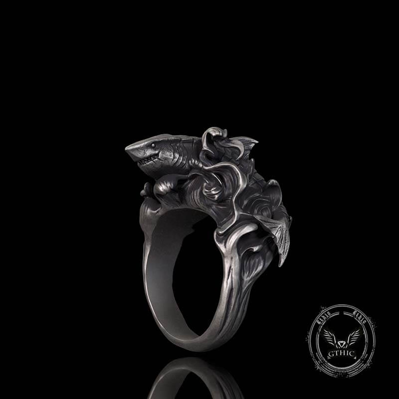 Fierce Shark Ocean Wave Sterling Silver Ring