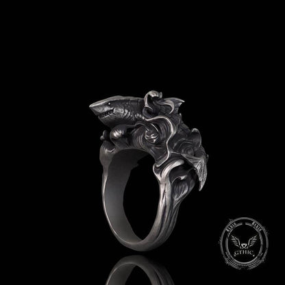 Fierce Shark Ocean Wave Sterling Silver Ring