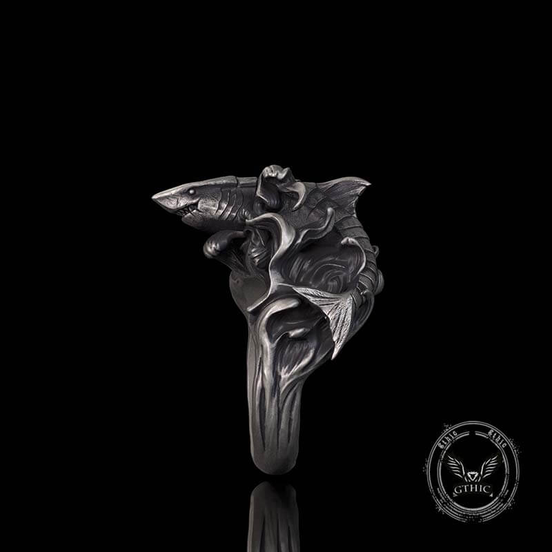 Fierce Shark Ocean Wave Sterling Silver Ring