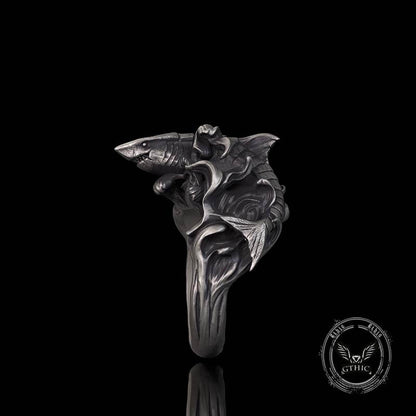 Fierce Shark Ocean Wave Sterling Silver Ring