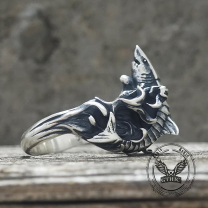Fierce Shark Ocean Wave Sterling Silver Ring