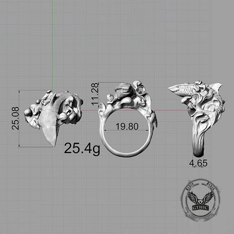 Fierce Shark Ocean Wave Sterling Silver Ring