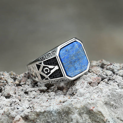 Frosted Lapis Lazuli Masonic Stainless Steel Ring