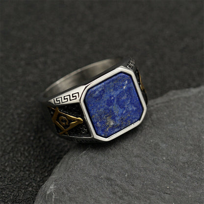 Frosted Lapis Lazuli Masonic Stainless Steel Ring