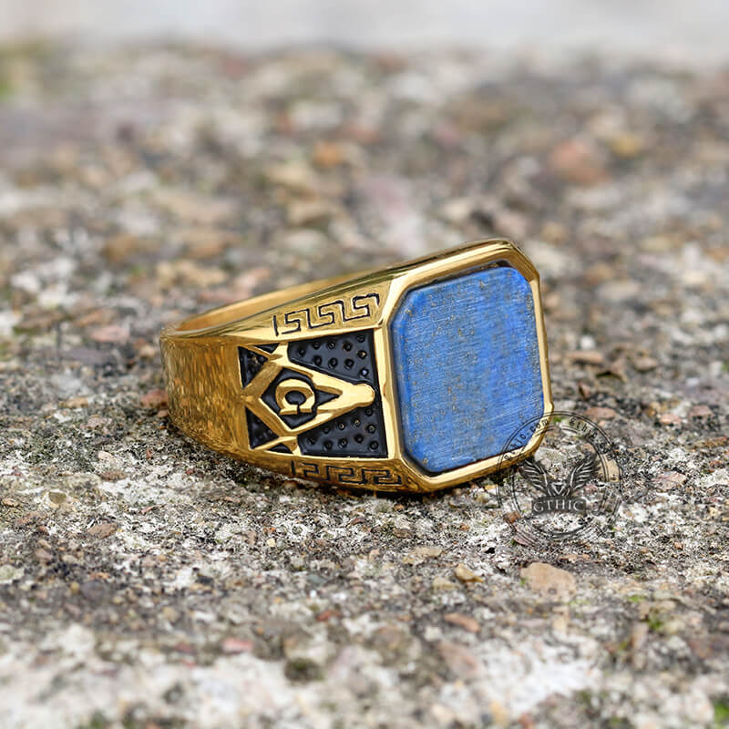 Frosted Lapis Lazuli Masonic Stainless Steel Ring