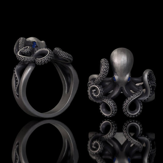 Gem Eye Octopus Tentacle Sterling Silver Marine Ring
