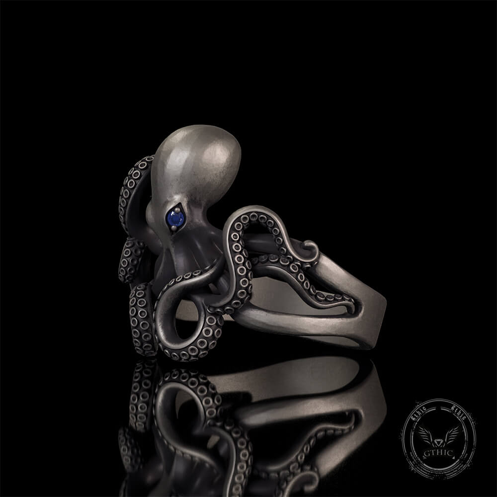 Gem Eye Octopus Tentacle Sterling Silver Marine Ring