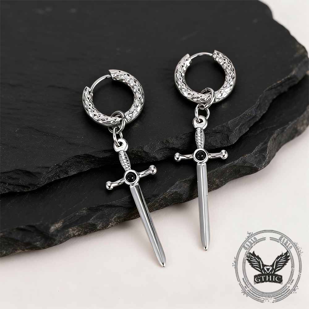 Gemstone Sword Cross Stainless Steel Earrings