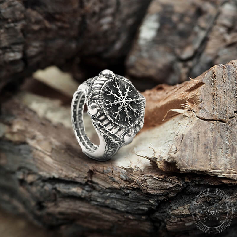 Helm of Awe Symbol Skull Sterling Silver Ring