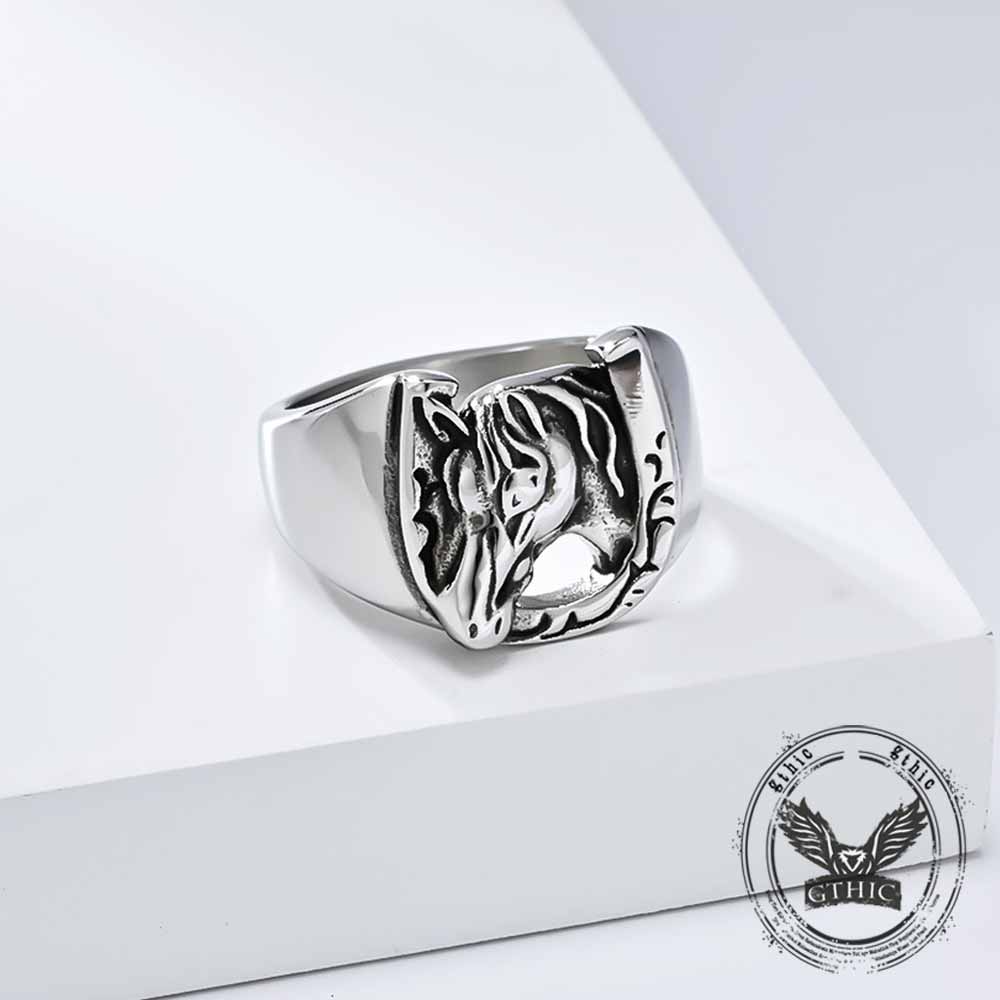 Horseshoe Horse Head Stainless Steel Ring