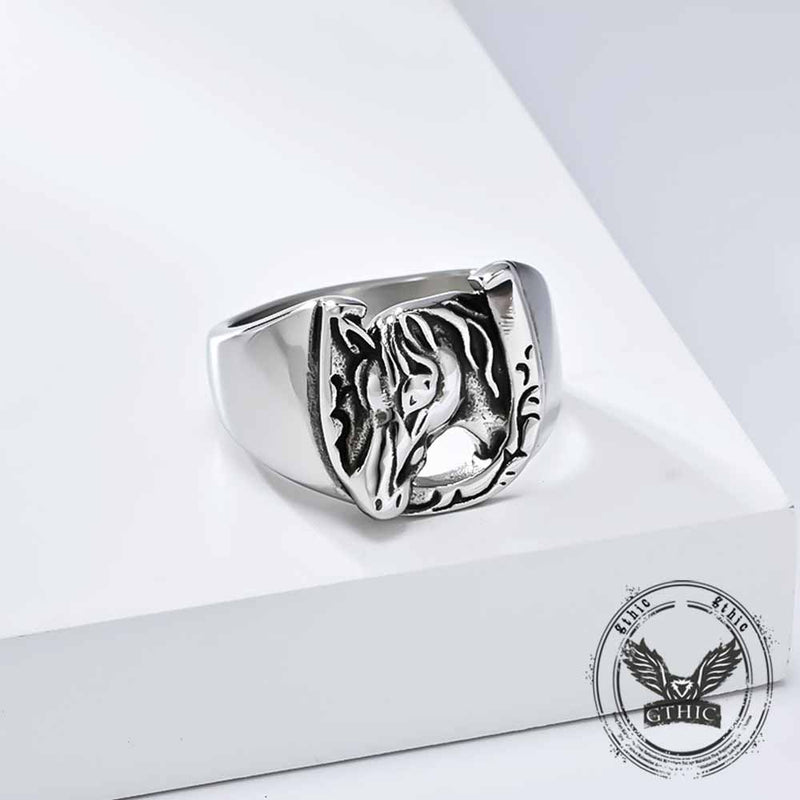 Horseshoe Horse Head Stainless Steel Ring