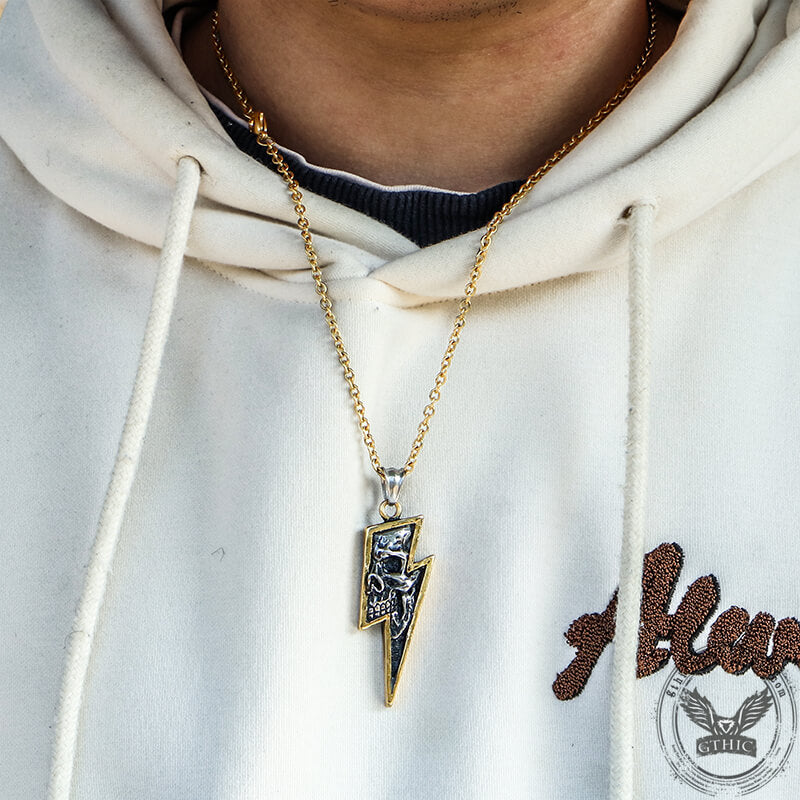 Lightning Bolt Skull Stainless Steel Pendant