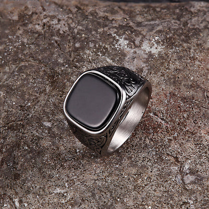 Pattern Square Turquoise Stainless Steel Ring