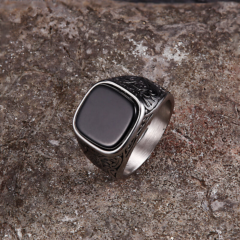 Pattern Square Turquoise Stainless Steel Ring