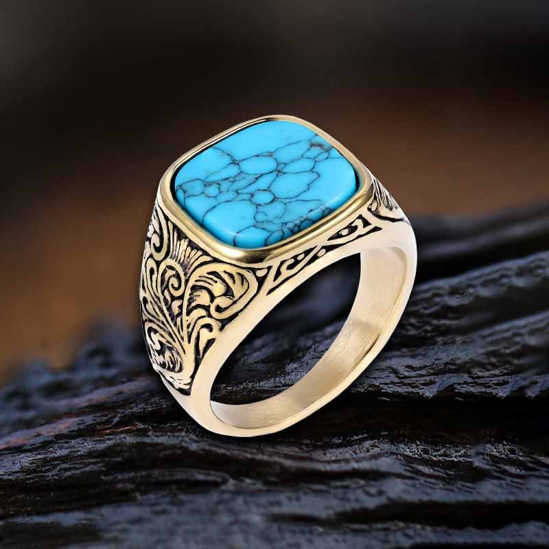 Pattern Square Turquoise Stainless Steel Ring