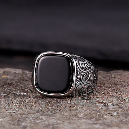 Pattern Square Turquoise Stainless Steel Ring