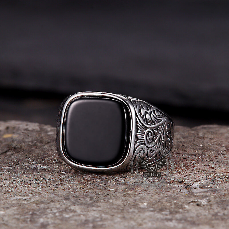 Pattern Square Turquoise Stainless Steel Ring