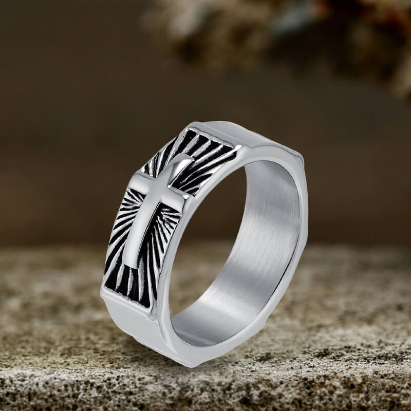 Polished Cross Pattern Stainless Steel Ring
