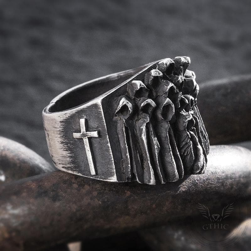Ruin Cross Brass Sterling Silver Skull Ring