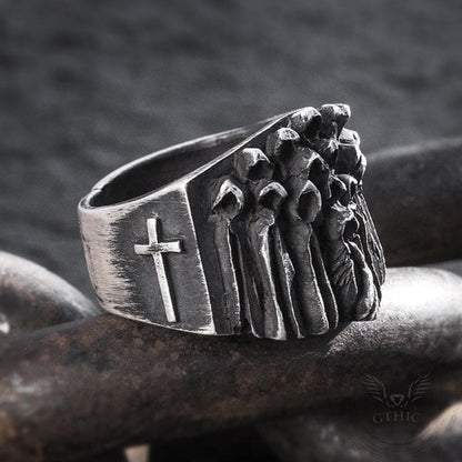 Ruin Cross Brass Sterling Silver Skull Ring
