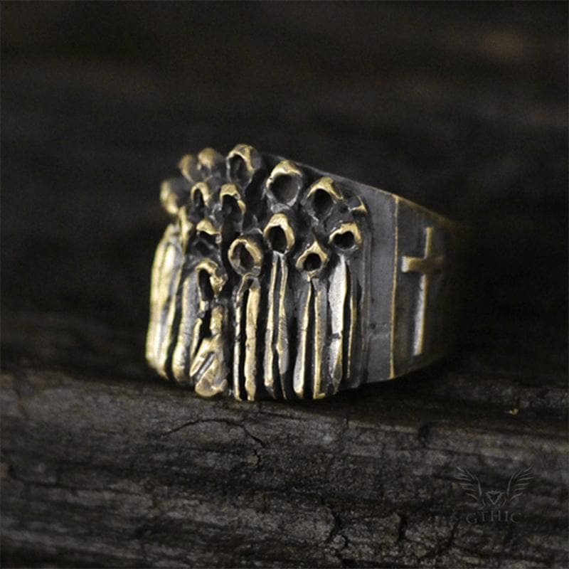 Ruin Cross Brass Sterling Silver Skull Ring